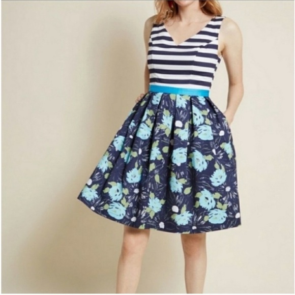 MODCLOTH Fit n Flare Striped Floral Blue Dress - Picture 2 of 9